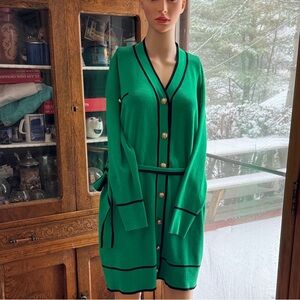 Green Cardigan dress or long top with Black Trim med like new